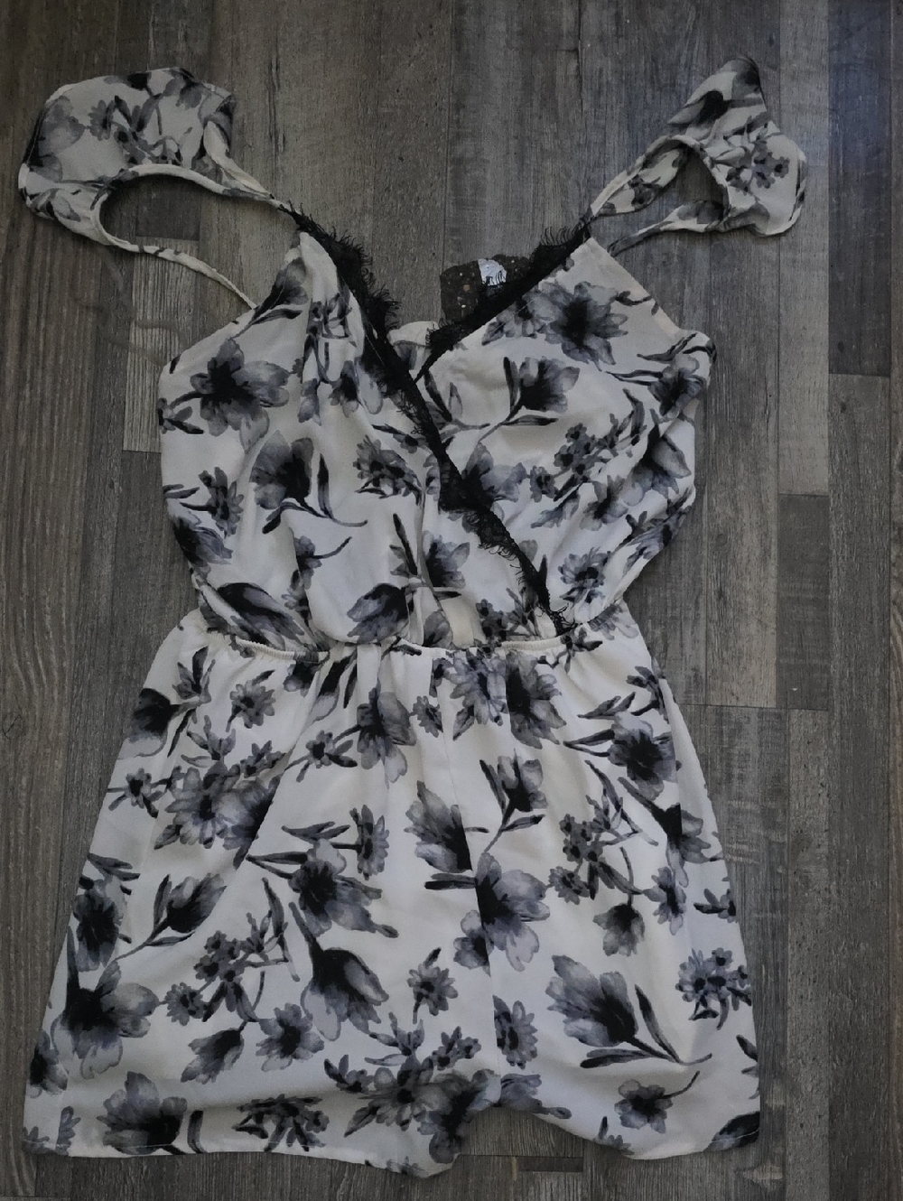 Floral Black & White Lace-Trim Wrap Dress